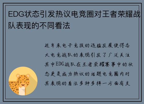 EDG状态引发热议电竞圈对王者荣耀战队表现的不同看法